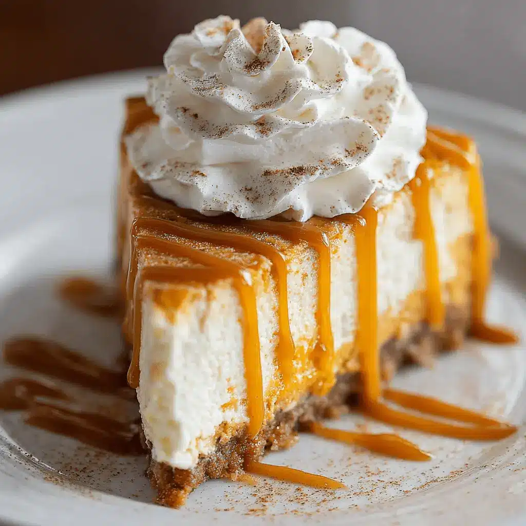 Close-up of a decadent slice of Pumpkin Cheesecake with caramel drizzle and whipped cream on a white plate.