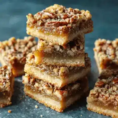 Ultimate Pecan Pie Bars: Easy Recipe for Busy Bakers 3 Stack of gooey, layered Pecan Pie Bars with a shortbread crust and streusel topping on a dark surface.
