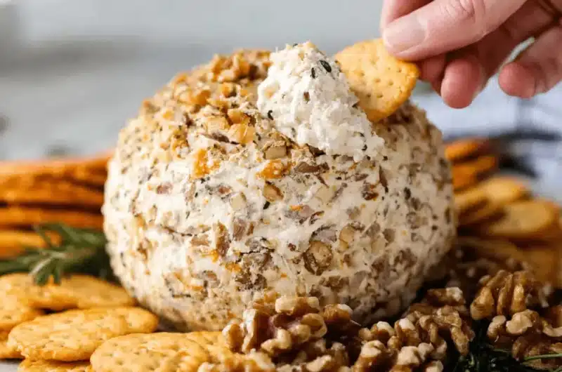 Close-up of a classic cheese ball crusted with walnuts and herbs, being scooped by a cracker, surrounded by more crackers and rosemary on a grey platter.