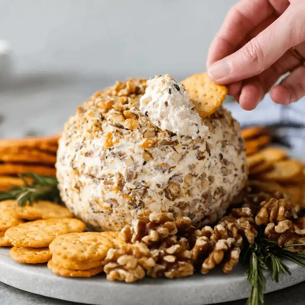 Amazing Classic Cheese Ball: Easy Party Appetizer 2 Close-up of a classic cheese ball crusted with walnuts and herbs, being scooped by a cracker, surrounded by more crackers and rosemary on a grey platter.