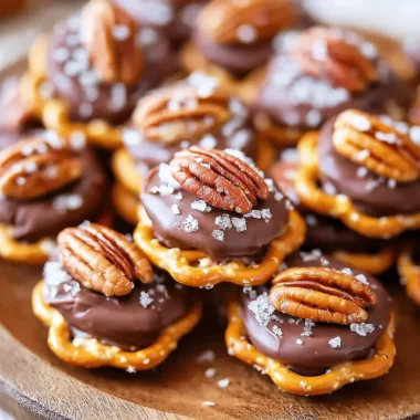 The Ultimate Simple Rolo Pretzel Turtles Recipe 4 Close-up of homemade Rolo Pretzel Turtles, featuring pretzels topped with melted chocolate, pecans, and flaky sea salt on a wooden board.