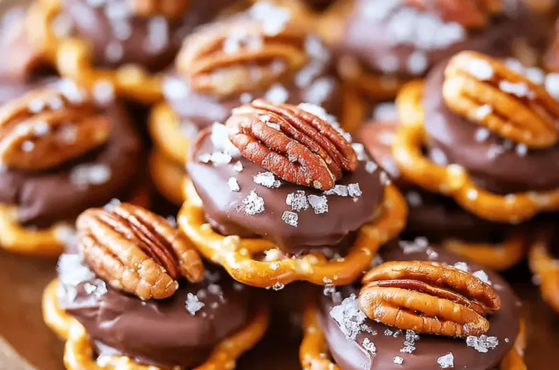 Close-up of homemade Rolo Pretzel Turtles, featuring pretzels topped with melted chocolate, pecans, and flaky sea salt on a wooden board.