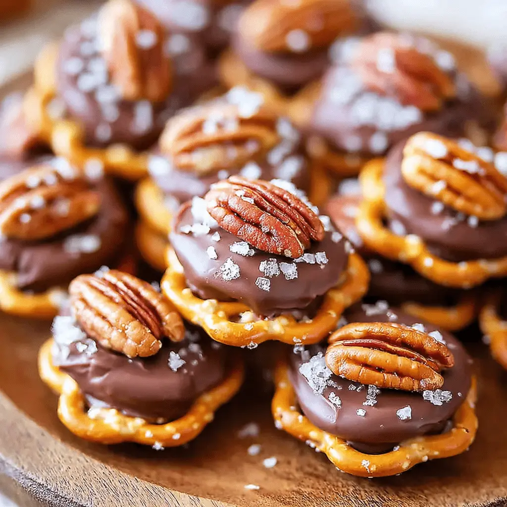Close-up of homemade Rolo Pretzel Turtles, featuring pretzels topped with melted chocolate, pecans, and flaky sea salt on a wooden board.