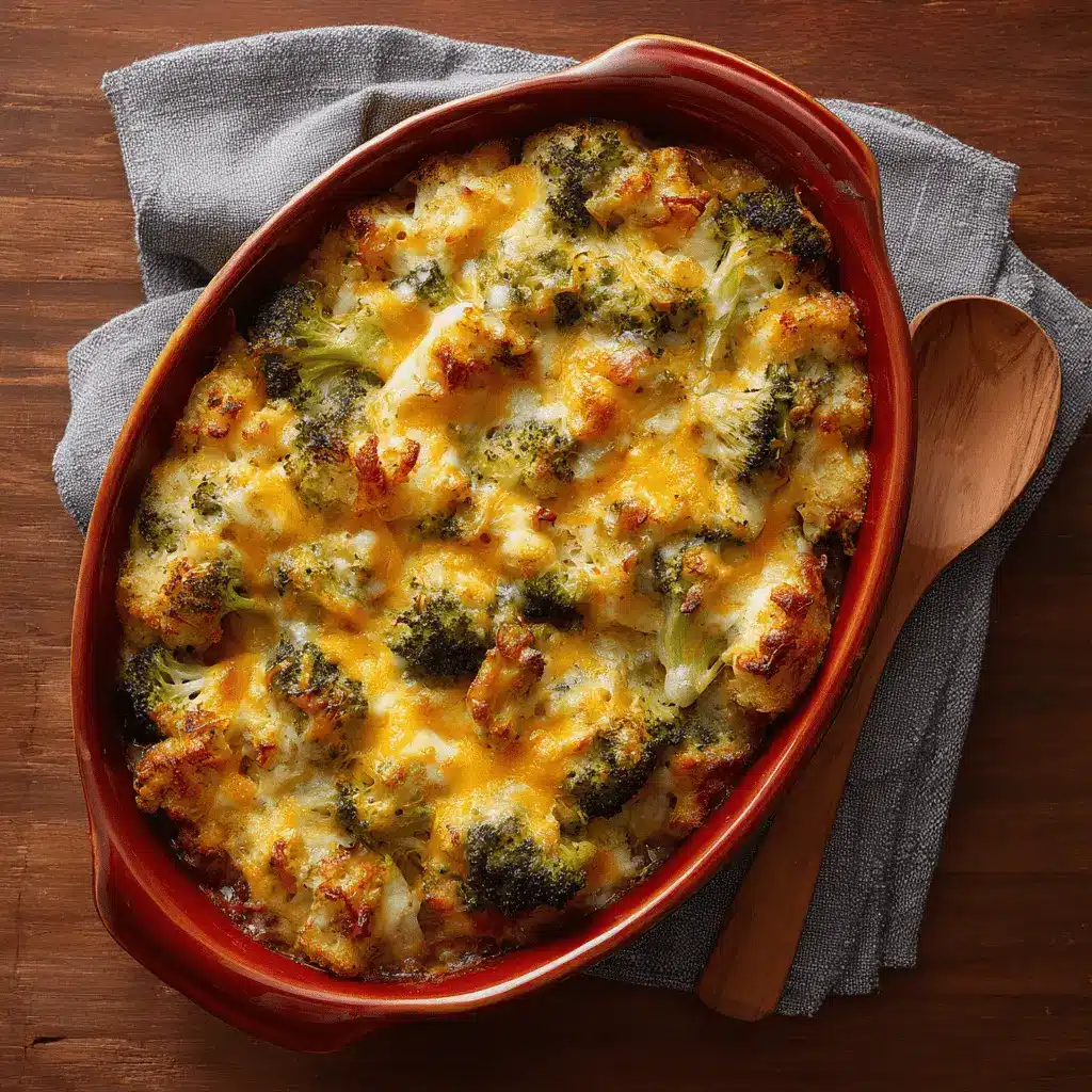Amazing Broccoli Cheese Bake: Easy Weeknight Meal 2 Overhead view of a bubbling, golden-brown Broccoli Cheese Bake in a rustic ceramic dish, fresh from the oven.