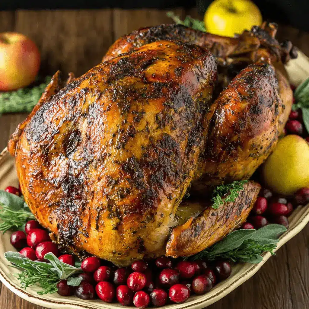 The Ultimate Foolproof Roast Turkey 2 Beautifully golden-brown Roast Turkey, seasoned with herbs and garnished with cranberries on a festive serving platter.