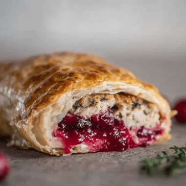 Ultimate Turkey Cranberry Sausage Rolls 3 Close-up of golden-brown, flaky turkey cranberry sausage rolls, cut open to reveal savory turkey and vibrant cranberry filling.
