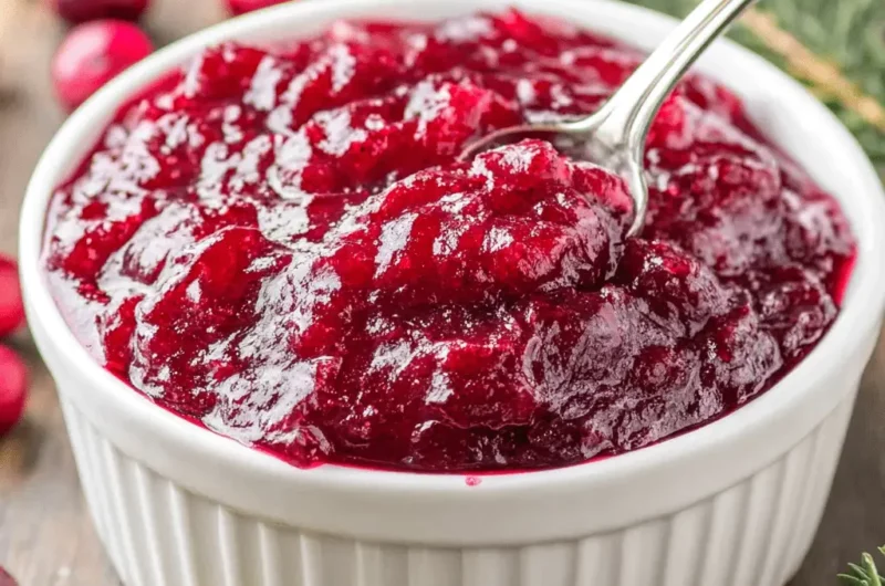 Close-up of homemade, chunky cranberry sauce in a white bowl on a rustic wooden table, garnished with fresh cranberries and festive pine needles.