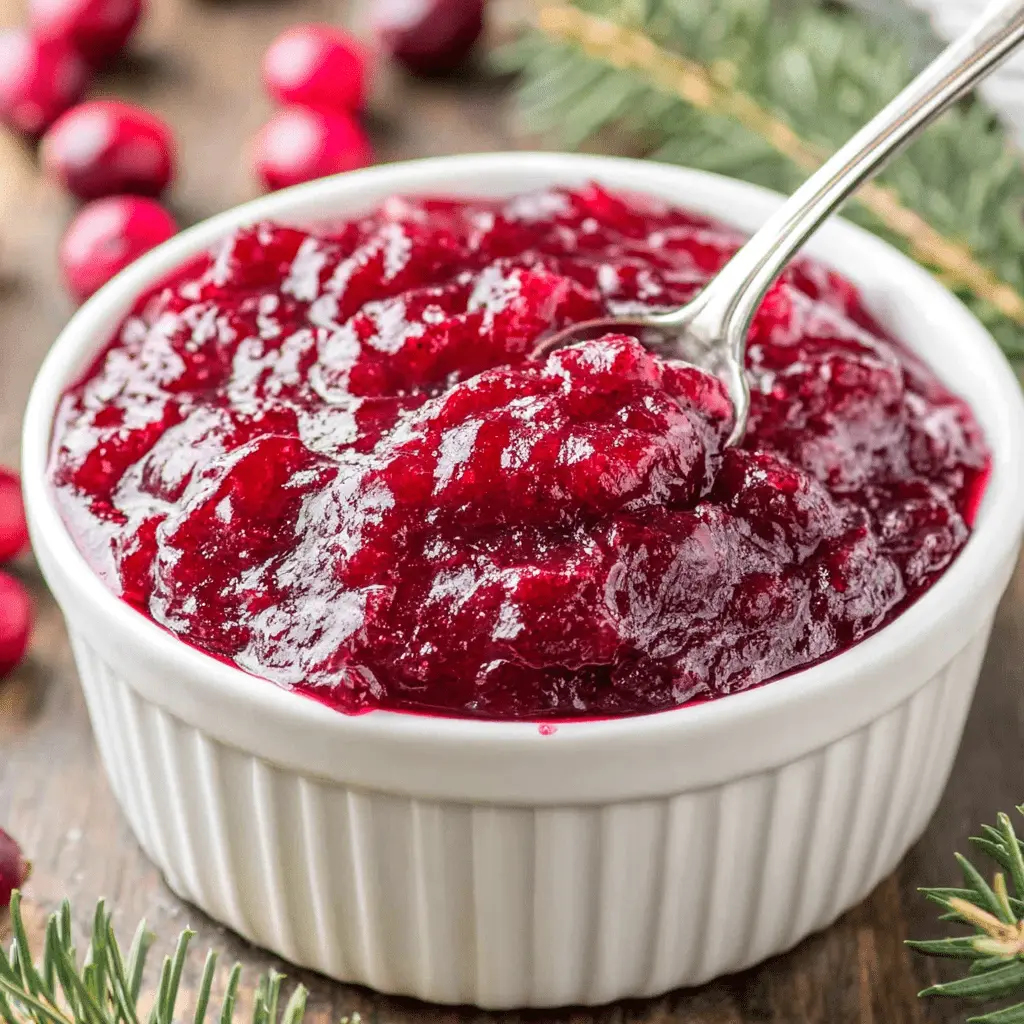 Amazing Foolproof Cranberry Sauce 2 Close-up of homemade, chunky cranberry sauce in a white bowl on a rustic wooden table, garnished with fresh cranberries and festive pine needles.