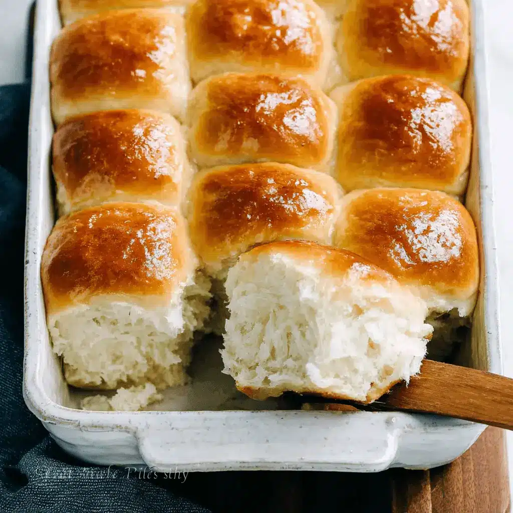Amazing Foolproof Dinner Rolls Recipe 2 Close-up of golden-brown, freshly baked dinner rolls in a white baking dish, with one roll pulled apart to show its fluffy interior.