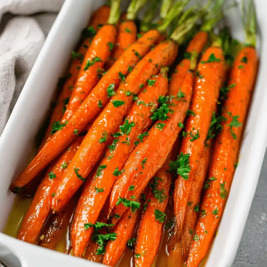 The Ultimate Roasted Carrots Recipe 2 Vibrant glazed roasted carrots with green tops and fresh herbs in a white baking dish.