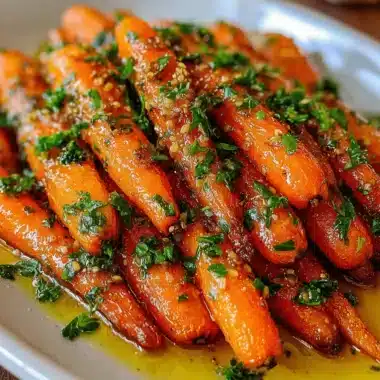 Amazing Honey Garlic Butter Roasted Carrots 4 Close-up of glossy Honey Garlic Butter Roasted Carrots, perfectly glazed and garnished with fresh green herbs on a white serving platter.