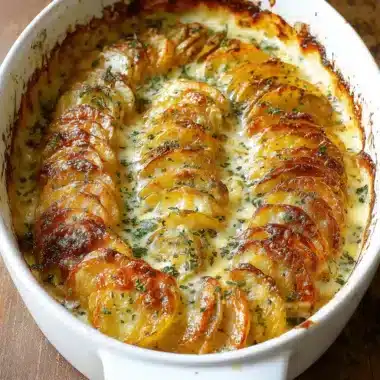 The Ultimate Cheesy Scalloped Potatoes 4 A hearty white ceramic dish filled with golden-brown Cheesy Scalloped Potatoes, garnished with fresh green herbs on a rustic wooden table.