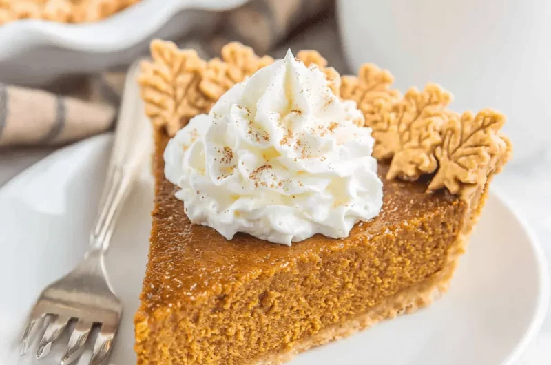 A delectable slice of pumpkin pie topped with whipped cream and pastry leaves, ready to be enjoyed.