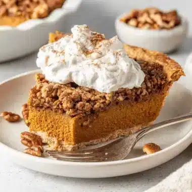 A tempting slice of Praline Pumpkin Pie with whipped cream and pecans on a ceramic plate.
