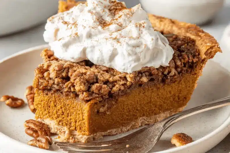 A tempting slice of Praline Pumpkin Pie with whipped cream and pecans on a ceramic plate.