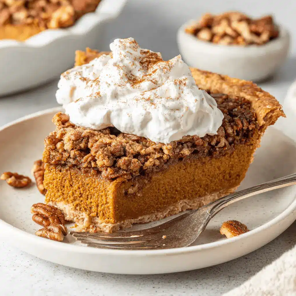 The Ultimate Praline Pumpkin Pie 2 A tempting slice of Praline Pumpkin Pie with whipped cream and pecans on a ceramic plate.