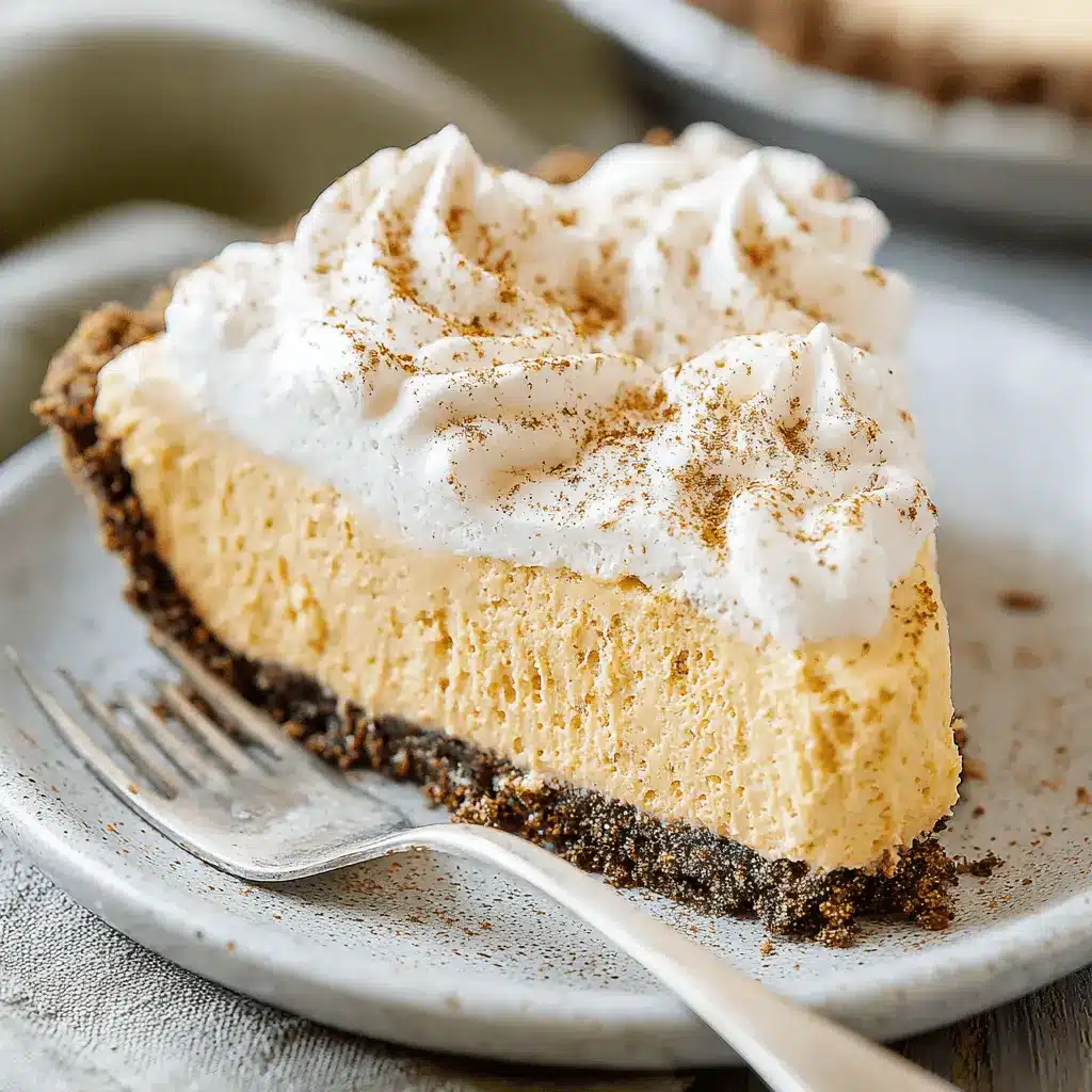 The Ultimate No Bake Pumpkin Mousse Pie 2 Close-up of a delicious slice of No Bake Pumpkin Mousse Pie, garnished with whipped cream and cinnamon, on a speckled ceramic plate with a fork.