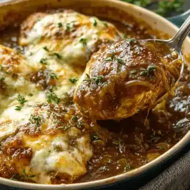 Close-up of a spoon lifting a piece of savory French onion chicken, coated in rich caramelized onion sauce and melted cheese, garnished with fresh thyme.