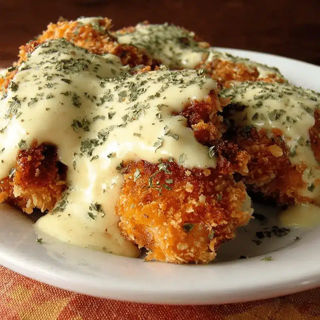 Amazing Crispy Cheddar Chicken Recipe 2 Close-up of golden-brown Crispy Cheddar Chicken pieces topped with creamy cheese sauce and fresh green herbs on a white plate.