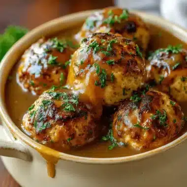 Amazing Foolproof Stuffing Balls 3 Appetizing golden-brown stuffing balls drenched in rich savory gravy, garnished with fresh herbs in a rustic bowl.