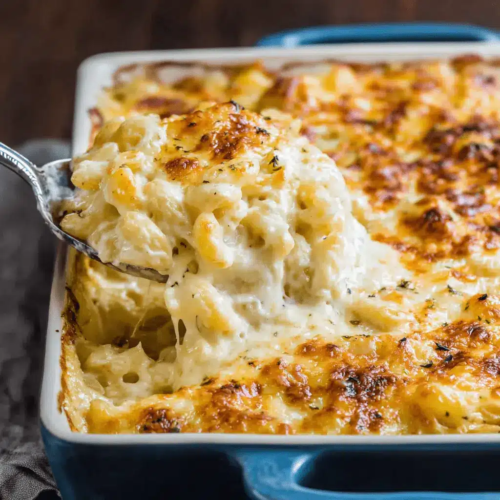 A close-up of a golden-brown baked Mac and Cheese recipe in a teal dish, with a spoon lifting a serving that shows creamy, gooey cheese pulls.