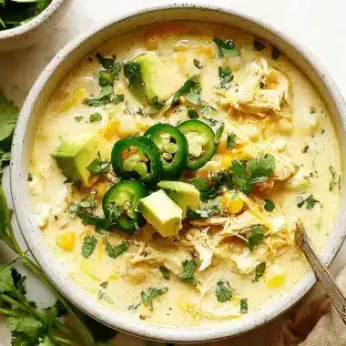 Close-up of a creamy White Chicken Chili garnished with avocado, jalapeño, and fresh cilantro, served in a ceramic bowl.