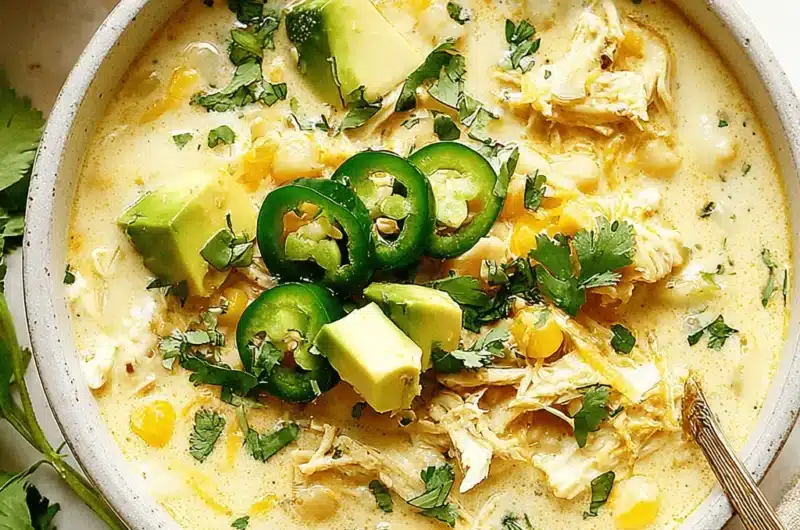 Close-up of a creamy White Chicken Chili garnished with avocado, jalapeño, and fresh cilantro, served in a ceramic bowl.