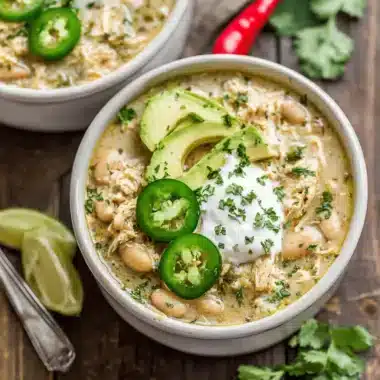 Two beautifully garnished bowls of creamy Crockpot White Chicken Chili on a rustic wooden table with fresh lime and cilantro.