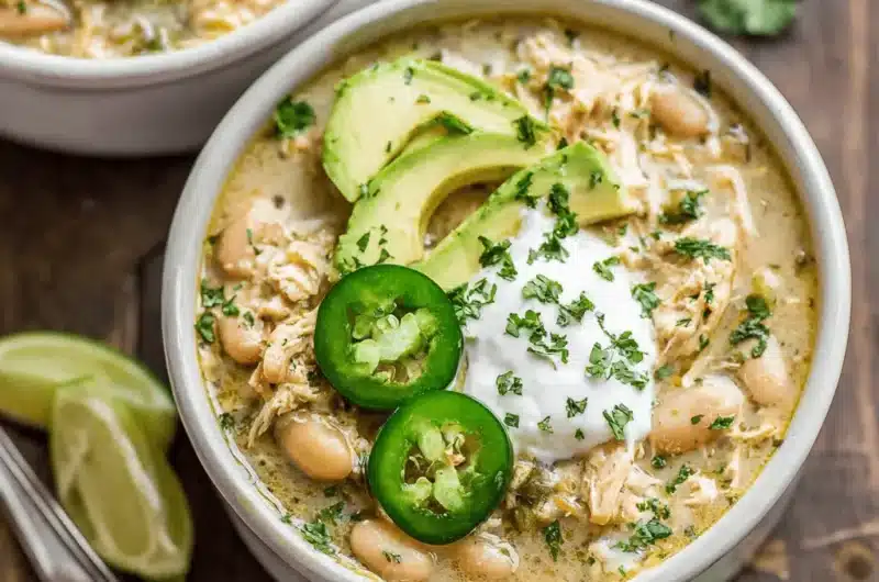 Two beautifully garnished bowls of creamy Crockpot White Chicken Chili on a rustic wooden table with fresh lime and cilantro.