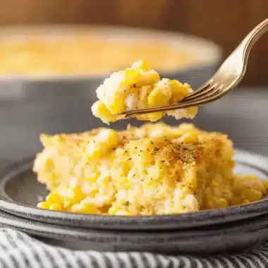 The Ultimate Easy Corn Casserole 3 Close-up of a golden, freshly baked corn casserole serving with a fork lifting a delicious bite.