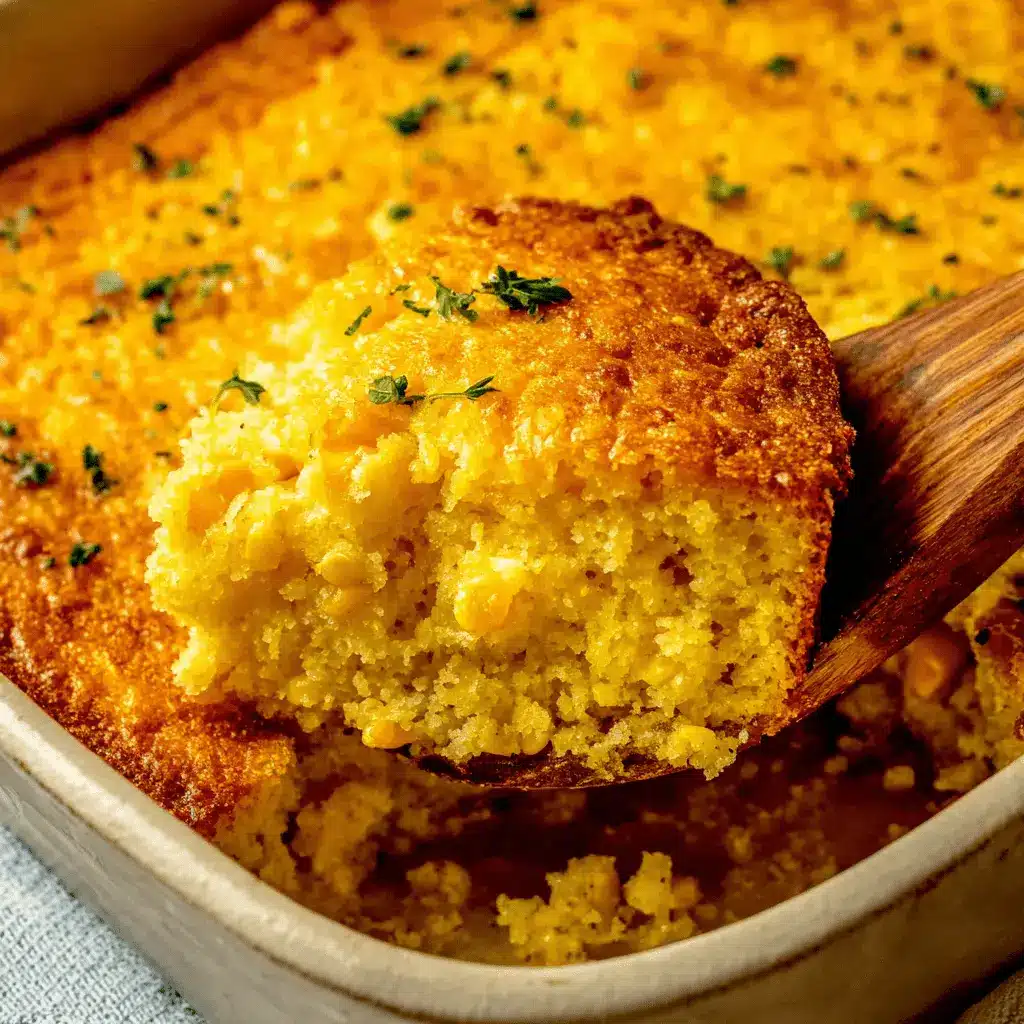 Amazing Jiffy Corn Casserole: Easy 5-Ingredient Recipe 2 A close-up of a golden-yellow slice of Jiffy Corn Casserole being served from a baking dish, garnished with green herbs.