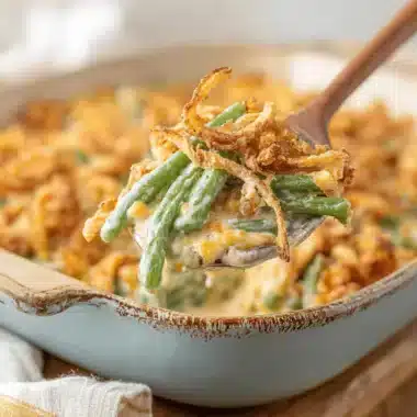The Ultimate Cheesy Green Bean Casserole 4 A close-up of a wooden spoon lifting a generous serving of Cheesy Green Bean Casserole, rich with creamy sauce, bright green beans, melted cheese, and crispy fried onions from a rustic baking dish.