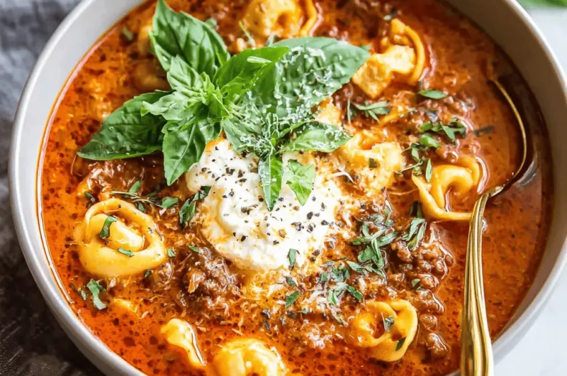 Close-up of a hearty bowl of Lasagna Soup, garnished with creamy ricotta, fresh basil, and grated Parmesan cheese.