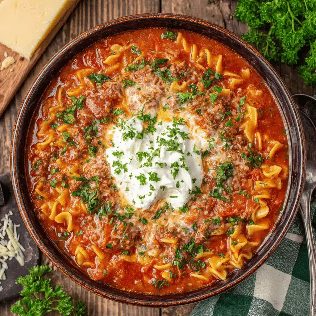Hearty lasagna soup crockpot recipe, garnished with creamy ricotta and fresh parsley, served in a rustic bowl.