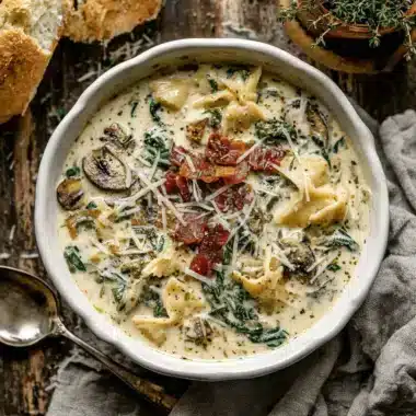 Top-down view of creamy white lasagna soup with farfalle pasta, spinach, mushrooms, crispy bacon, Parmesan cheese, and fresh thyme in a ceramic bowl on a rustic wooden surface.