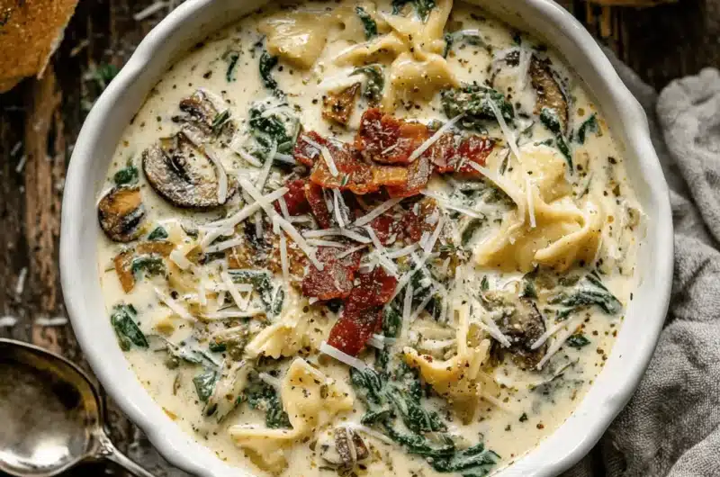 Top-down view of creamy white lasagna soup with farfalle pasta, spinach, mushrooms, crispy bacon, Parmesan cheese, and fresh thyme in a ceramic bowl on a rustic wooden surface.