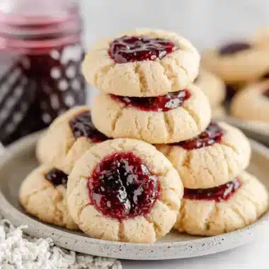 Delicious golden-baked thumbprint cookies with vibrant raspberry jam filling arranged on a ceramic plate.