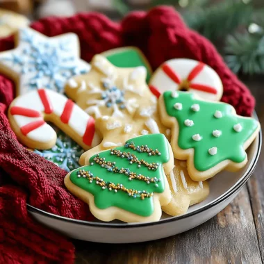 Amazing Soft Cut Out Sugar Cookies Recipe 4 Intricately decorated Christmas-themed Soft Cut Out Sugar Cookies, nestled in a white bowl with red knitted fabric.
