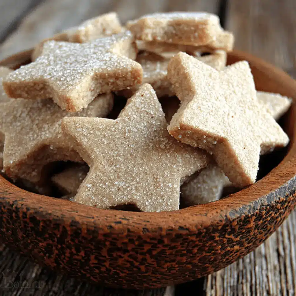 Amazing Foolproof Hojarascas (Mexican Shortbread Cookies) 2 Close-up of star-shaped Hojarascas (Mexican Shortbread Cookies) dusted with sugar in a rustic wooden bowl.