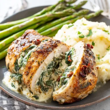 Foolproof Stuffed Chicken Breast Recipe 4 A close-up of a beautifully cooked and sliced Stuffed Chicken Breast with a creamy spinach and sun-dried tomato filling, served alongside mashed potatoes garnished with parsley and steamed asparagus spears on a dark plate.