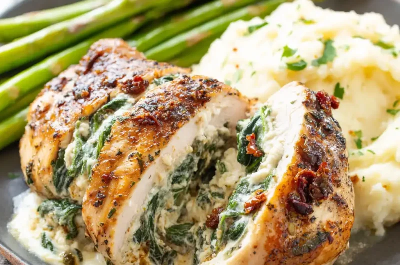 A close-up of a beautifully cooked and sliced Stuffed Chicken Breast with a creamy spinach and sun-dried tomato filling, served alongside mashed potatoes garnished with parsley and steamed asparagus spears on a dark plate.