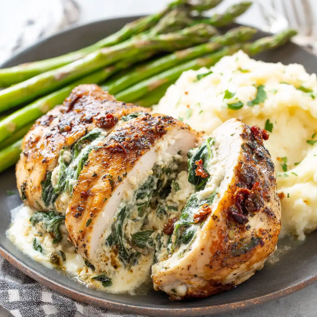 A close-up of a beautifully cooked and sliced Stuffed Chicken Breast with a creamy spinach and sun-dried tomato filling, served alongside mashed potatoes garnished with parsley and steamed asparagus spears on a dark plate.