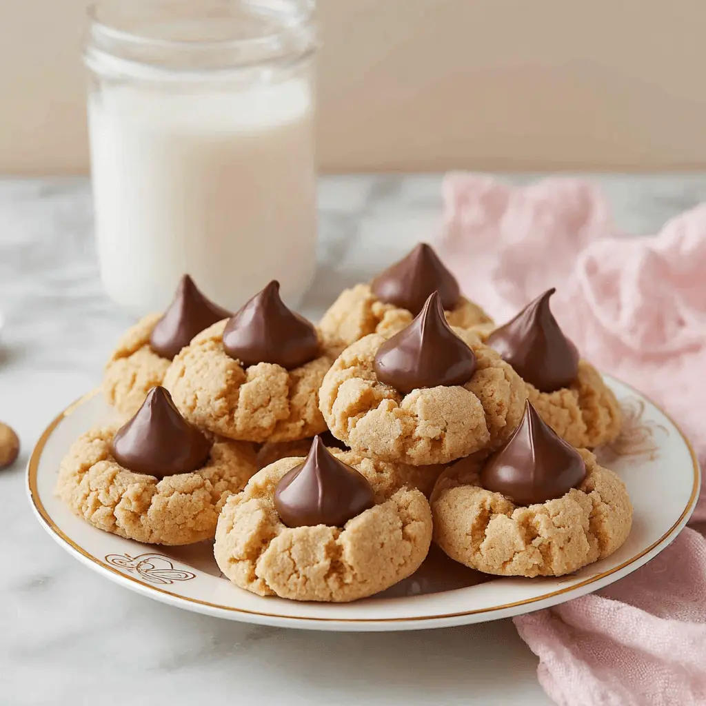 Ultimate Peanut Butter Blossom Recipe 2 A plate of golden-brown peanut butter blossom cookies with melty chocolate kisses, accompanied by a refreshing glass of milk.