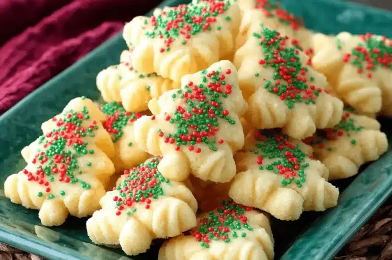 Christmas tree-shaped spritz cookies with festive red and green sprinkles on a dark green plate.