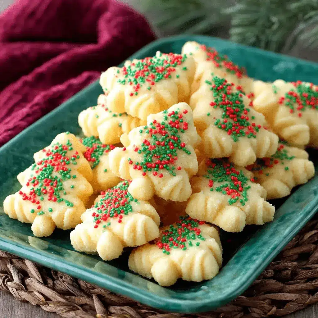 Christmas tree-shaped spritz cookies with festive red and green sprinkles on a dark green plate.