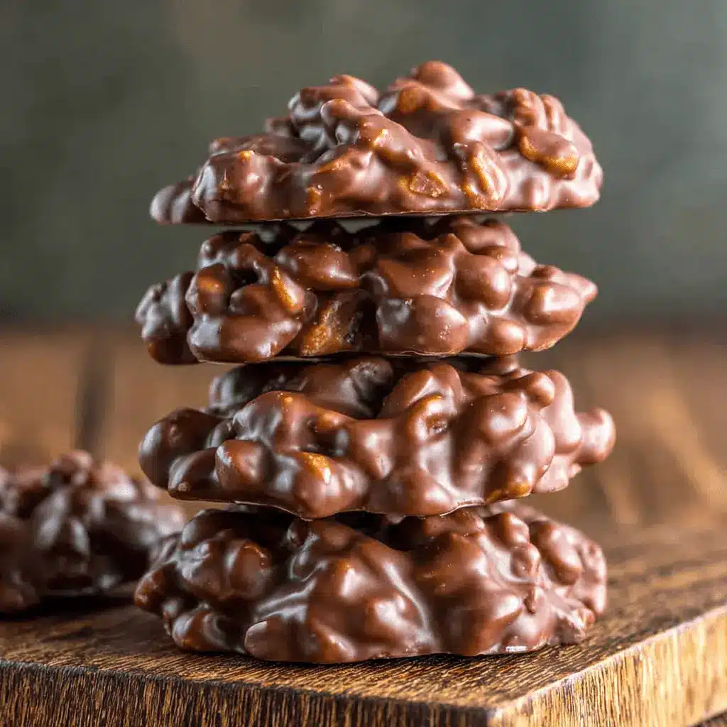The Ultimate Foolproof Crockpot Candy Recipe 2 Close-up of a stack of homemade Crockpot Candy chocolate peanut clusters on a rustic wooden surface, highlighting their shiny, textured appearance.