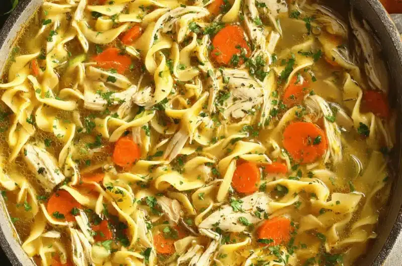 Close-up overhead view of a hearty pot of chicken noodle soup with wide egg noodles, shredded chicken, carrots, and fresh herbs.