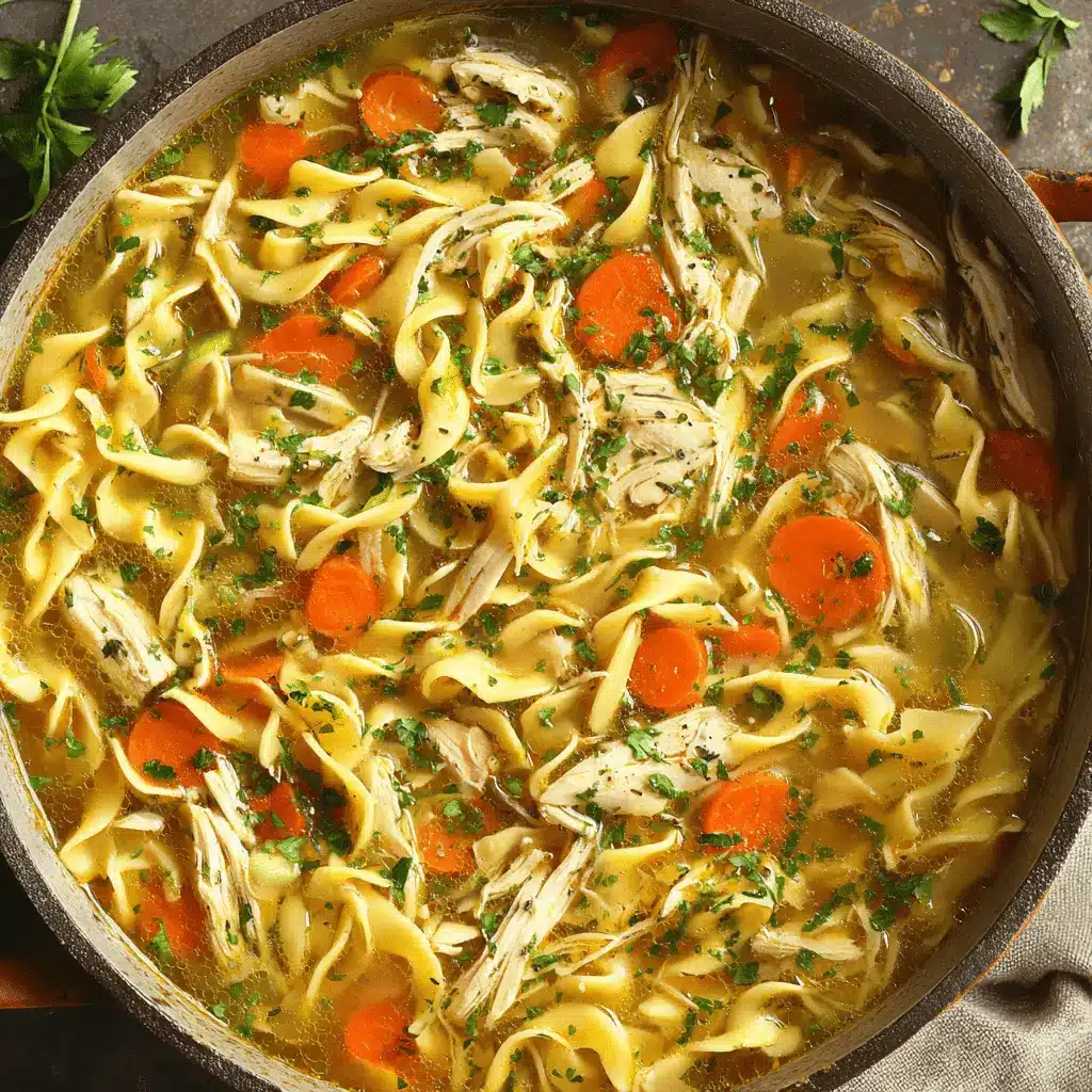 The Ultimate Easy Chicken Noodle Soup Recipe 2 Close-up overhead view of a hearty pot of chicken noodle soup with wide egg noodles, shredded chicken, carrots, and fresh herbs.