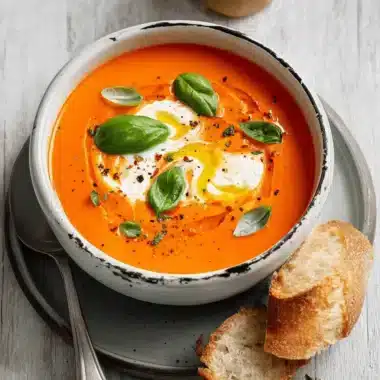 Delicious, vibrant tomato soup garnished with cream and fresh basil, served with crusty bread.