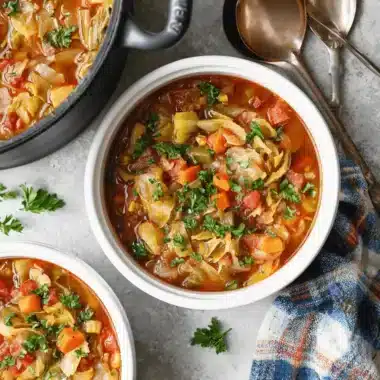Hearty cabbage soup with fresh vegetables and parsley in white bowls.